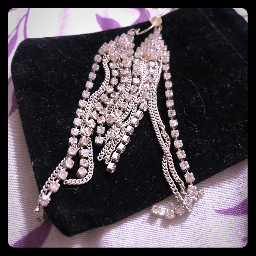 Long silver and clear stone earrings